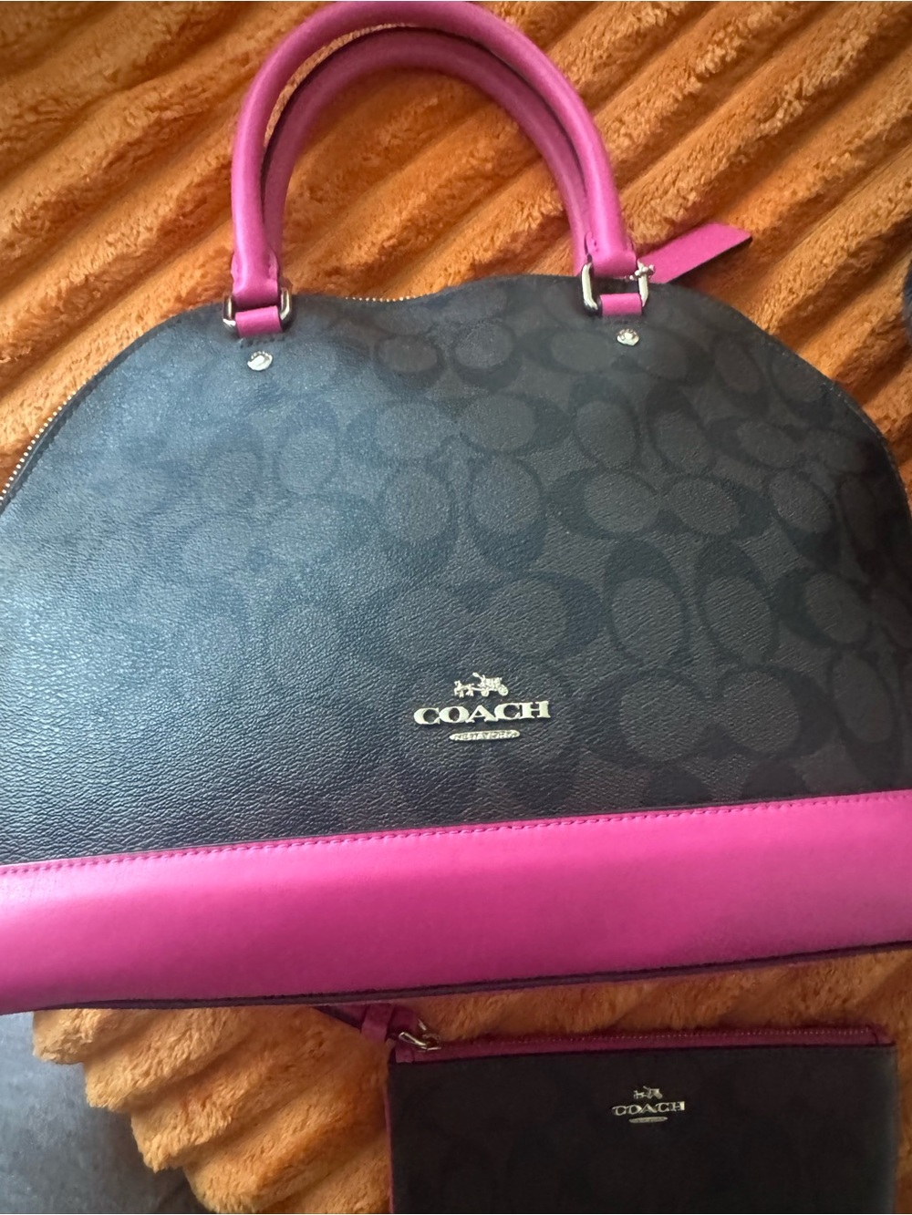 Coach Brown Signature Satchel with Hot Pink Trim & Coach wristlet - Picture 13 of 16